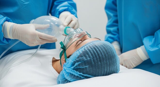 Patient under anesthesia receiving oxygen mask assistance during surgery