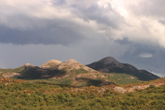 Wundersch&ouml;ne Naturlandschaft der Pastrovska Gora unweit der montenegrinischen Adriak&uuml;ste; Blick &uuml;ber den typischen Eichenwald auf die Kuppen um den Mali Rasatovac