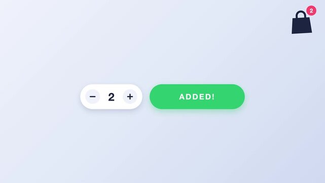 E-commerce add to cart button animation with quantity selector, success green ADDED state and product box flying into shopping bag, UI motion graphics