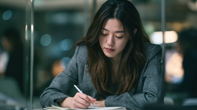 Focused young woman writing in a notebook at a desk in a professional office