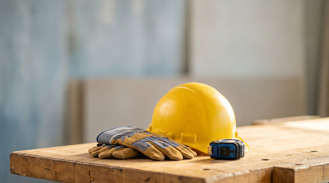 Hard hat and work gloves on wooden table, construction and safety concept