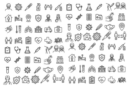 Healthcare and medical line icons set on a white background including virus and protection symbols