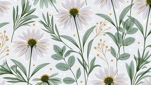 Stylish seamless pattern featuring various medicinal plants: sage, chamomile and mint leaves.