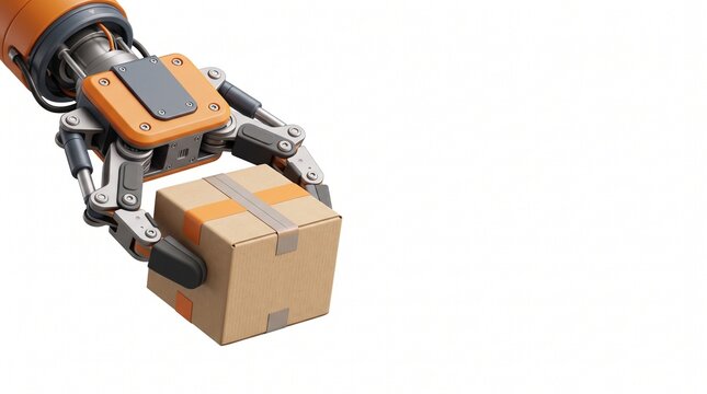 Industrial robotic arm gripper holding a cardboard box isolated on white background