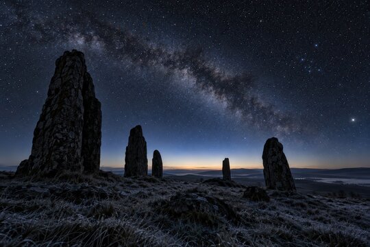 Standing stones rise above a frozen landscape during the Winter Solstice as the Milky Way galaxy glows brightly in the night sky.