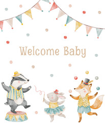 Watercolor baby shower invitation featuring cute circus animals. A badger, bunny, and fox perform tricks beneath festive bunting. Welcome Baby text greets the arrival. © Karina Martirosova