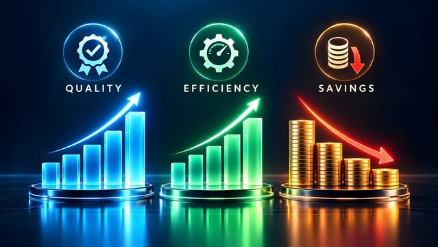 Glowing digital bar charts representing business growth in quality and efficiency with simultaneous cost savings