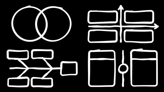 Hand Drawn Venn, Fishbone, Matrix and Comparison Diagrams on Black