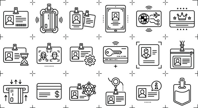 Identification and security badge line icon set featuring corporate ID cards credit cards digital access keys authentication and verification vector