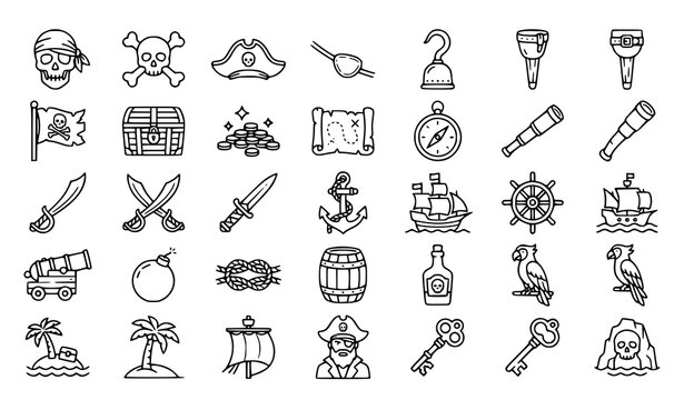 Pirate Icon Set in Outline Style &ndash; Nautical Adventure and Treasure Vector Collection