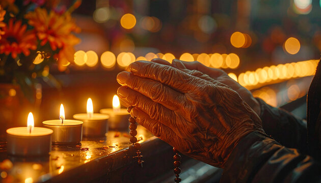 Prayerful Hands with Rosary and Candles: Close-up of weathered hands clasped in prayer, holding a rosary, surrounded by the warm glow of flickering tea lights and bokeh background.