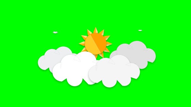 Origami Paper Craft Sun and Layered Clouds on Green Screen Chroma Key Loop