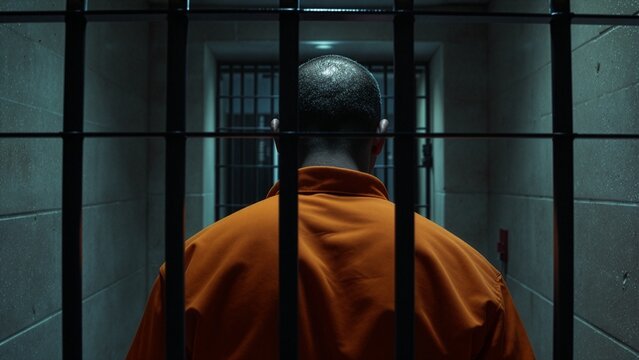 A rear view of a male inmate in an orange uniform standing behind dark steel cell bars in a gloomy prison corridor, conceptualizing imprisonment, the justice system, and loss of freedom.