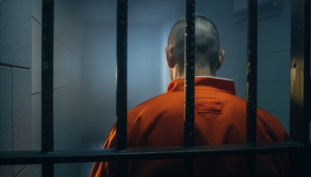 A rear view of a male prisoner wearing an orange uniform behind thick steel bars in a dark jail cell, conceptualizing punishment, law enforcement, captivity, and loss of human freedom.