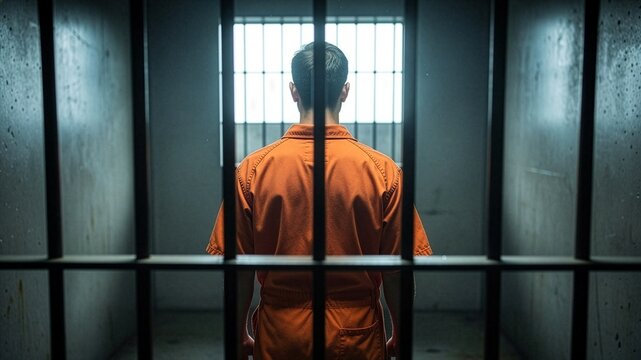 A rear view of a male prisoner in an orange jumpsuit standing inside a dark jail cell looking at a barred window, symbolizing imprisonment, justice system, punishment, and loss of freedom