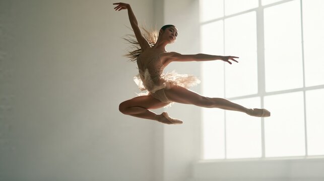 Graceful female ballet dancer performing grand jete leap in bright room