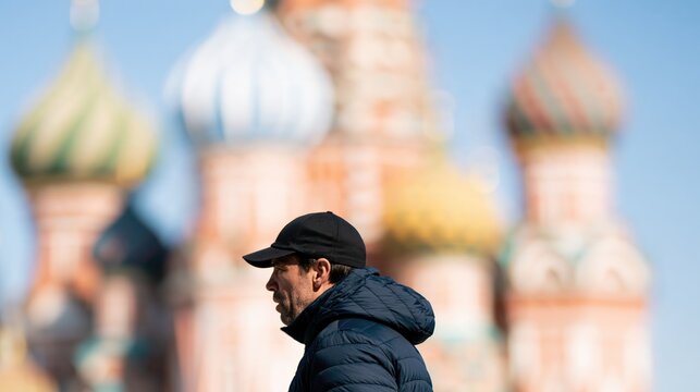 Average middle-aged Russian man: stubbled male on Red Square. Russian capital. Moscow resident