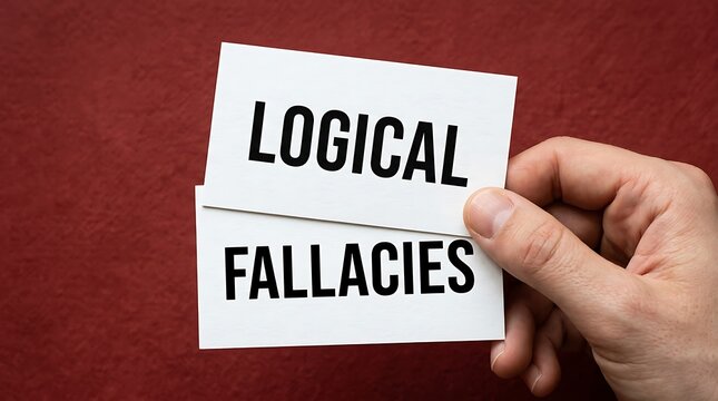 A hand holding two white paper cards with the words Logical Fallacies written in bold black letters on a dark background