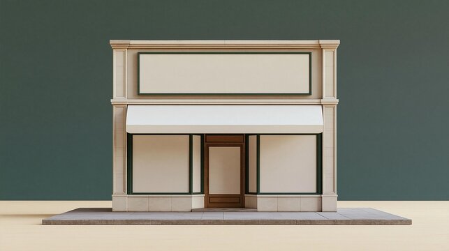 3d rendering of a small building with a white facade and a wooden door. the building appears to be a store or a storefront, with a rectangular shape and a flat roof.