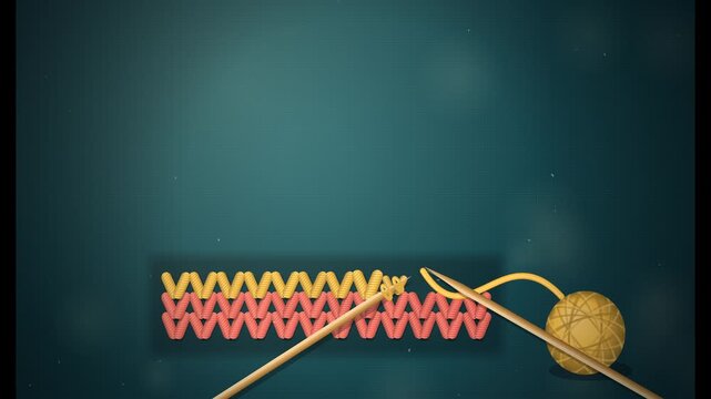 Animated Process of Knitting Colorful Wool Yarn Patterns Using Needles on a Textured Green Backdrop