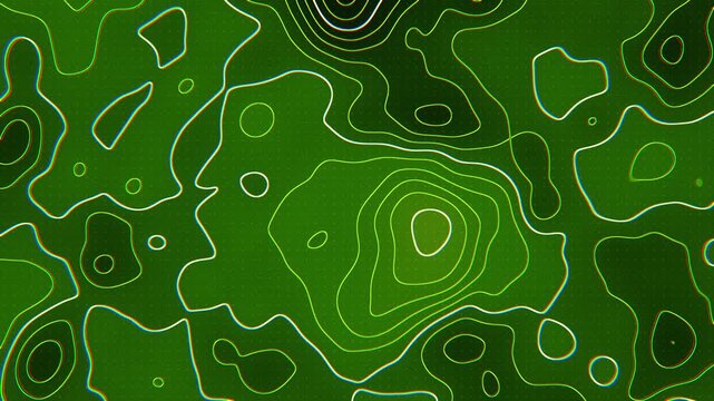 Neon lime green topographic map contour lines flowing over dark terrain, abstract geographic relief background, seamless loop