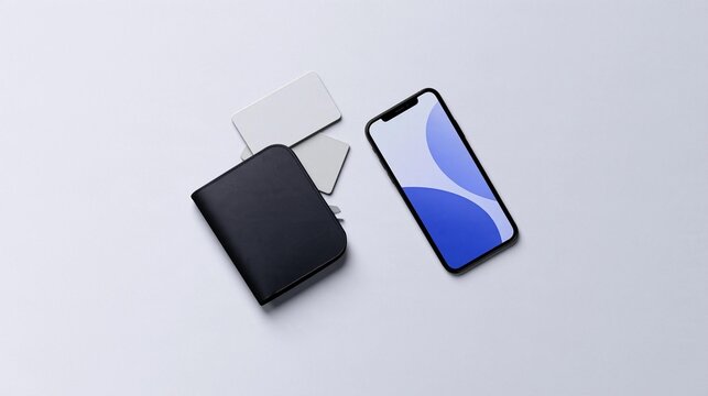 Flat lay of three objects on a light grey background. on the left side, there is a black wallet with a white card holder attached to it. next to it, there are two white cards.