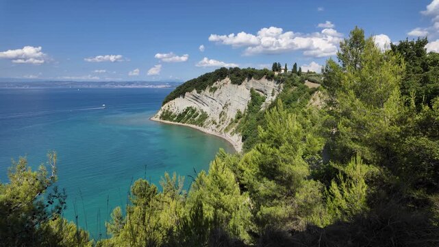 Panoramic view ad the beautiful Moon Bay, the Strunjan Nature Park, in Slovenia.