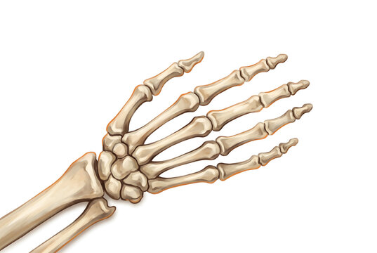 Human skeleton hand bones anatomical illustration isolated on white background copy space
