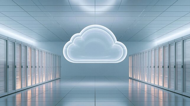 Large cloud-shaped light fixture hanging from the ceiling in a server room. the light fixture is in the shape of a cloud and is white in color.