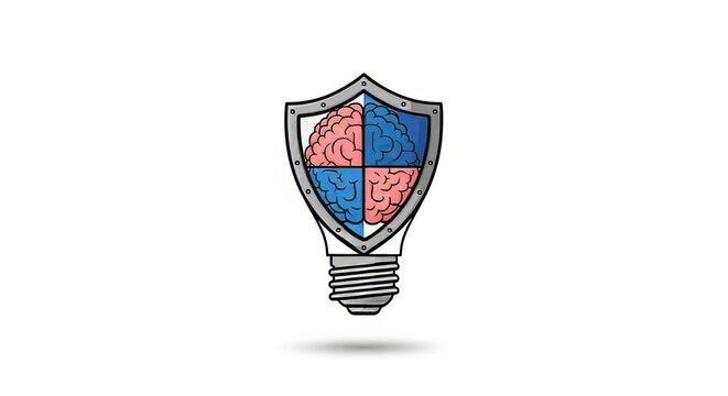 Light bulb idea shield with brain quadrants icon representing intellectual property protection