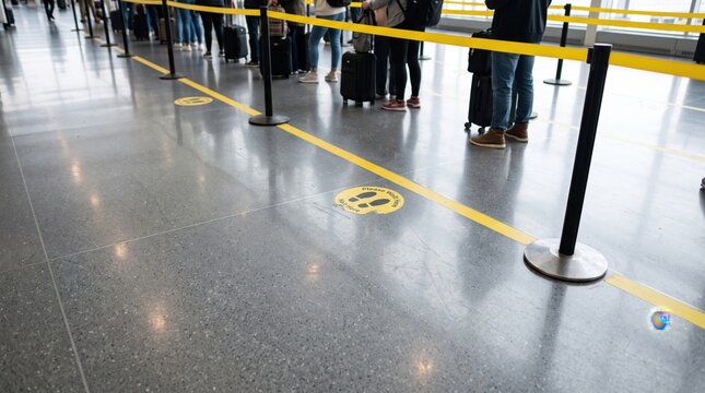 Airport queue floor with yellow ribbon barrier and circular markers on a glossy gray floor. A shiny gray surface shows yellow tape lines, round floor stickers and a black stanchion with the legs of