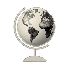 Halftone desk globe with stand showing Americas, Europe and Africa, vintage black and cream dot print, retro engraving style cutout element on transparent background © Ashikur