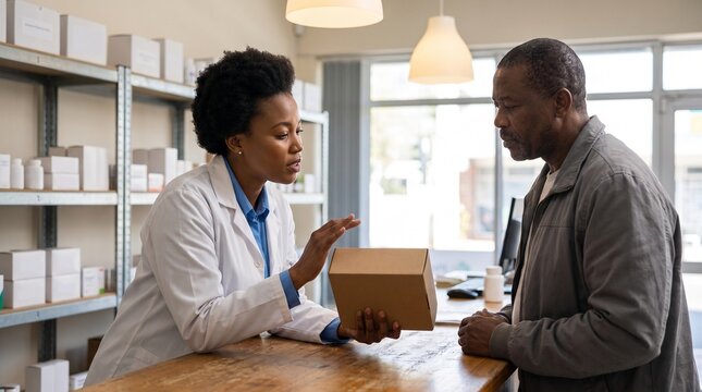 Pharmacist advising a customer at a community pharmacy counter