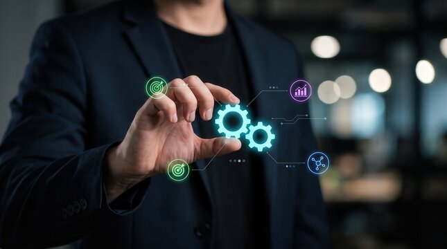 Systems engineer manages process automation and performance optimization using interactive holographic gears, digital touch gestures, target milestone tracking, visual data analytics, workflow integra