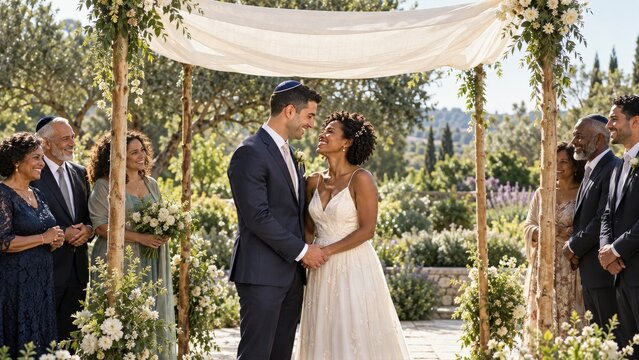 Jewish wedding couple beneath a linen chuppah in a flowering garden