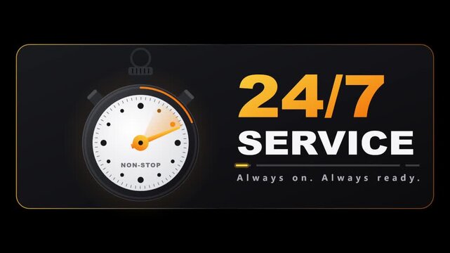 A digital graphic featuring a stopwatch icon with the text twenty four seven service displayed