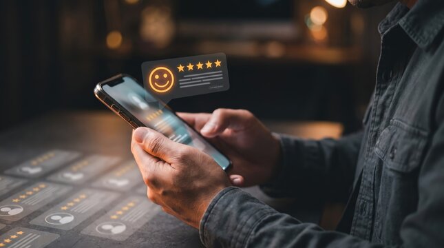 Reputation manager evaluates customer reviews and user sentiment using mobile feedback monitoring, five star ratings, satisfaction analysis, brand perception tracking, and digital service audit.
