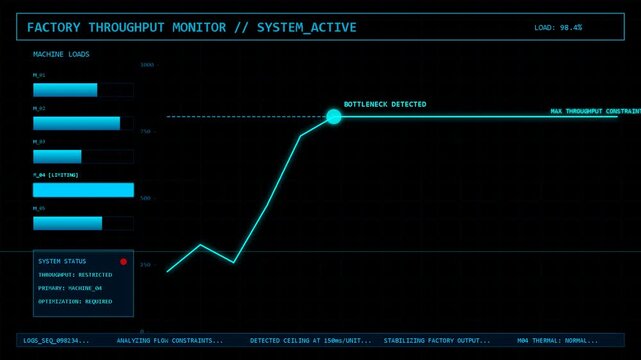 Digital factory output dashboard showing live production data, metrics analysis, industrial control system, performance monitoring, efficiency stats