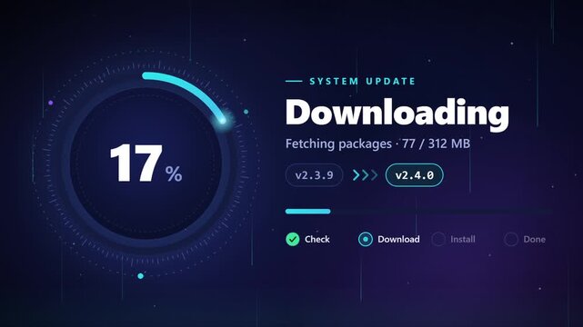 System update interface showing a successful software upgrade to version 240 on a dark background