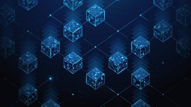 Abstract Animation Loop of Blockchain Cubes Connected by a Network Grid on a Blue Background. DeFi tech, blockchain technology and distributed cryptocurrency fintech solution concept.