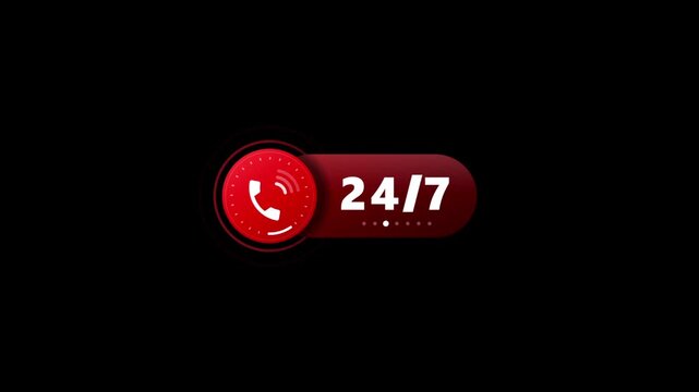 Red button with telephone icon and 247 text on black background for customer support contact services