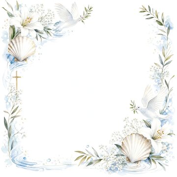 Watercolor Christening Corner Borders With Scallop Shell And Lilies