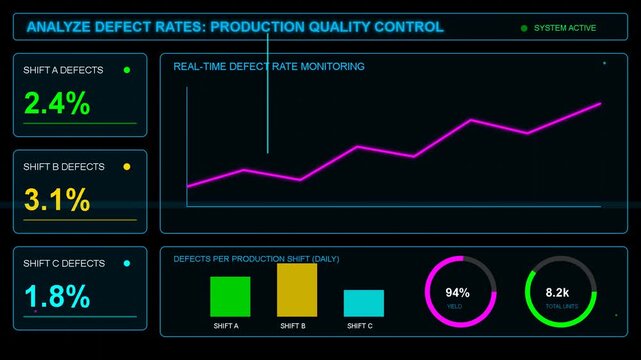 Digital dashboard showing production quality control metrics with live data visualization, bar charts and line graphs, industrial monitoring system