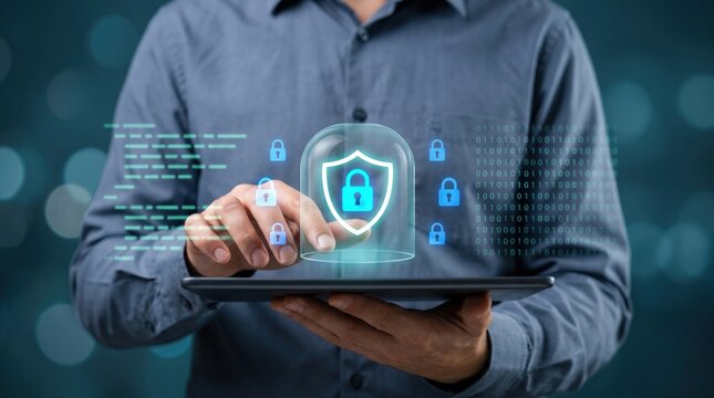 Network security engineer manages digital privacy barricade and system defense using tablet interface, data encryption, firewall controls, padlock authentication, and access monitoring.