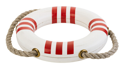 White and red striped nautical lifebuoy ring with attached natural fiber rope © Jannis