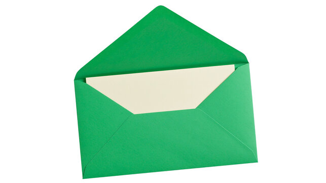 Open green paper envelope with a blank cream colored card insert