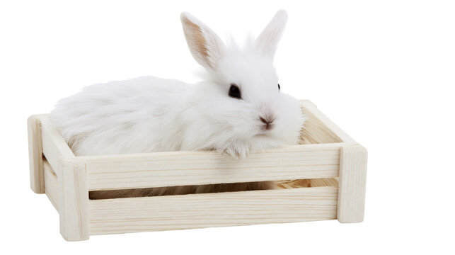Fluffy white baby rabbit sitting inside a small wooden crate