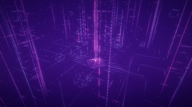 Abstract 3d purple digital data structure with glowing lines and geometric cubes in a futuristic cyber space background