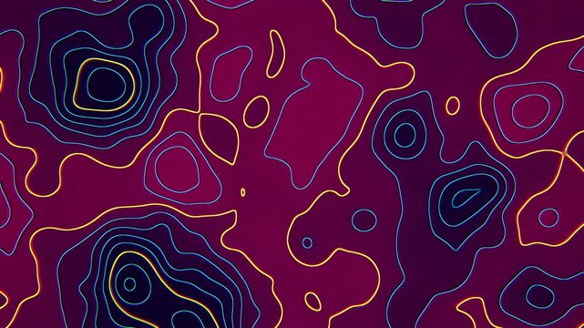 Neon cyberpunk topographic contour lines map in magenta pink and cyan glow, abstract terrain relief background, seamless loop
