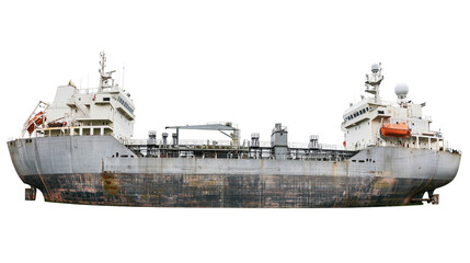 Fototapeta premium Large industrial oil tanker cargo ship with weathered grey hull and white deck